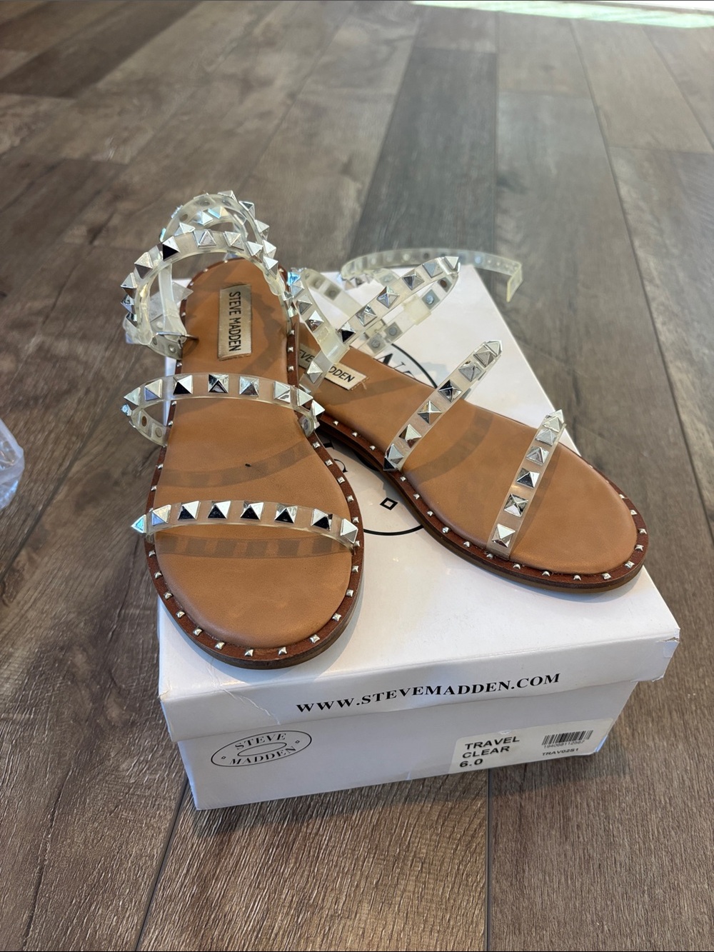 Steve Madden Clear Studded Strappy Sandal with Tan Footbed